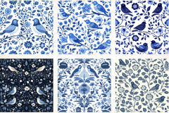Blue Birds & Flowers Chinoiserie Pattern Clipart Bundle - CraftNest - Digital Crafting and Art