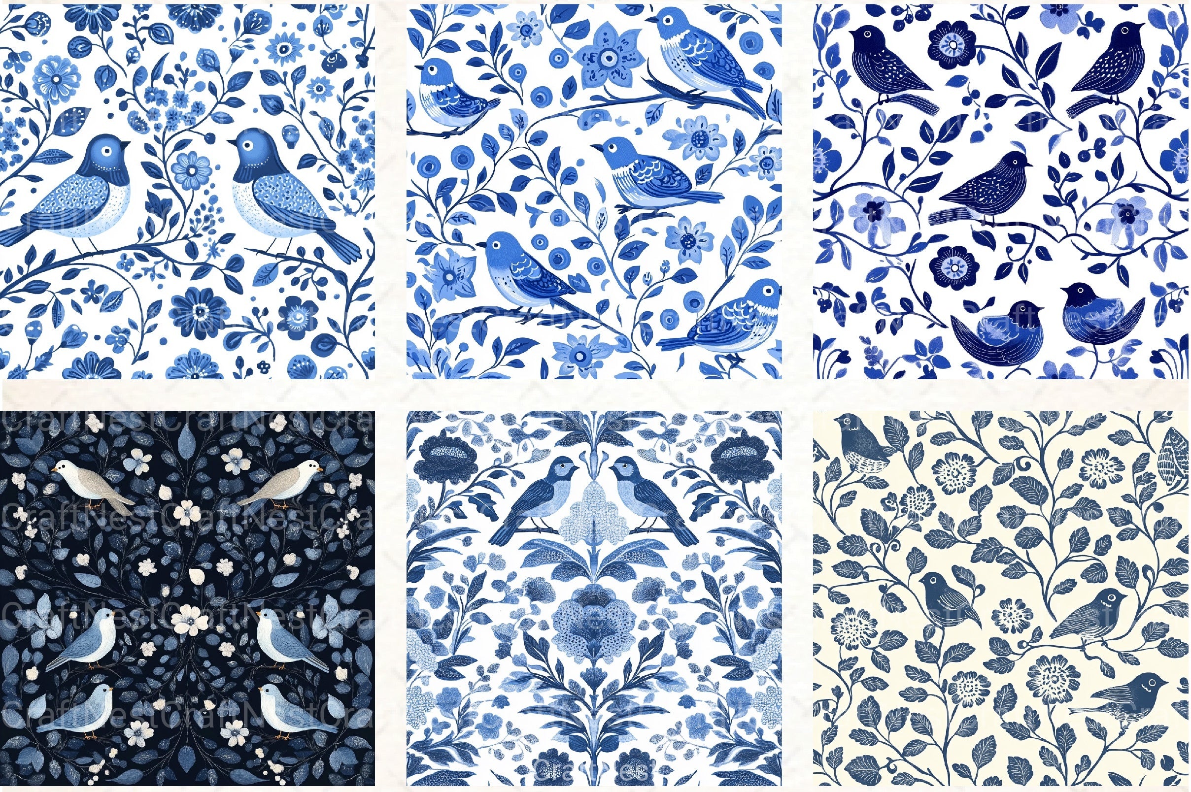 Blue Birds & Flowers Chinoiserie Pattern Clipart Bundle - CraftNest - Digital Crafting and Art