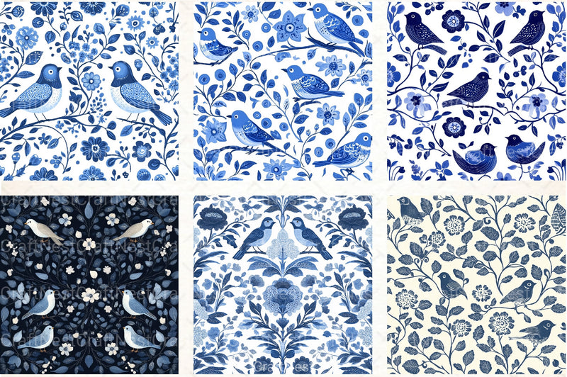 Blue Birds & Flowers Chinoiserie Pattern Clipart Bundle - CraftNest - Digital Crafting and Art