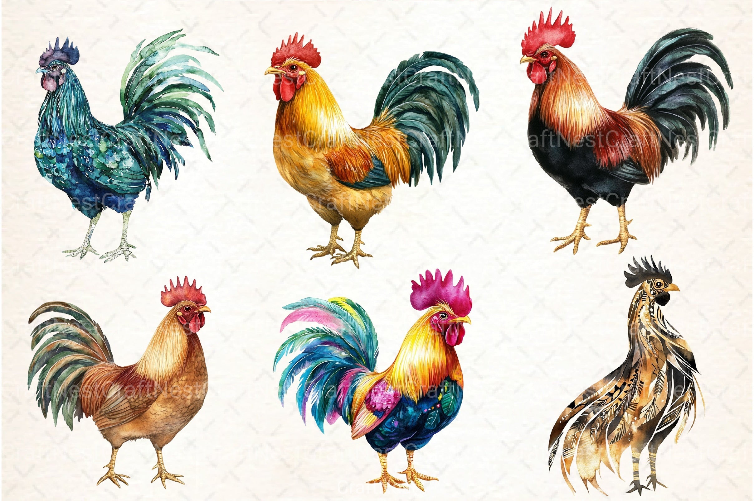 Boho Rooster Clipart Bundle: Colorful Feathers Collection - CraftNest - Digital Crafting and Art