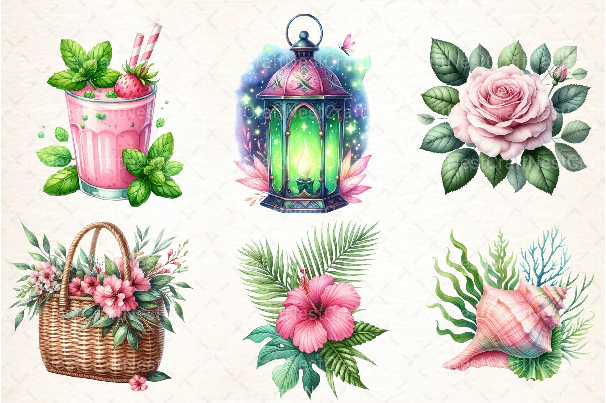 Pink and Green Summer Clipart Bundle 78 - CraftNest - Digital Crafting and Art