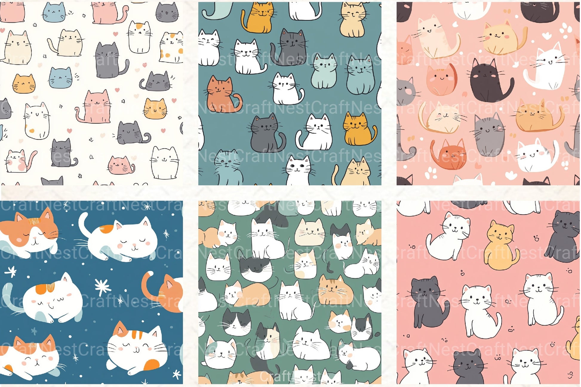 Seamless Kawaii Cute Cats Pattern Digital Paper - CraftNest - Digital Crafting and Art