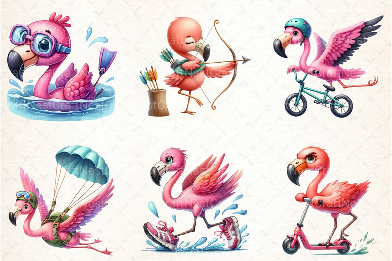 Cute Cartoon Sporty Flamingos Clipart Bundle 2 - CraftNest - Digital Crafting and Art