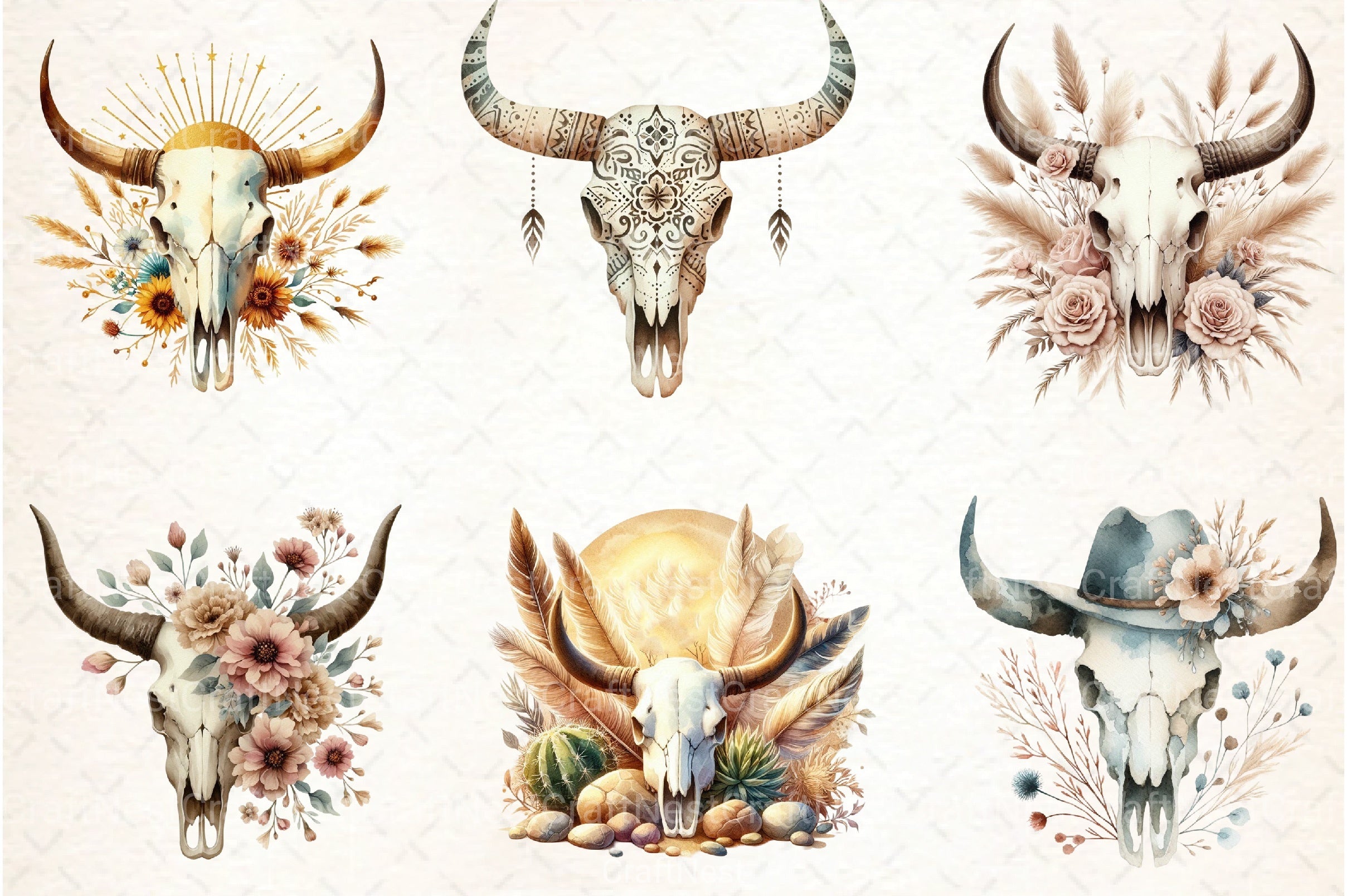 Western Desert Cow Skull Boho Clipart Bundle - CraftNest - Digital Crafting and Art