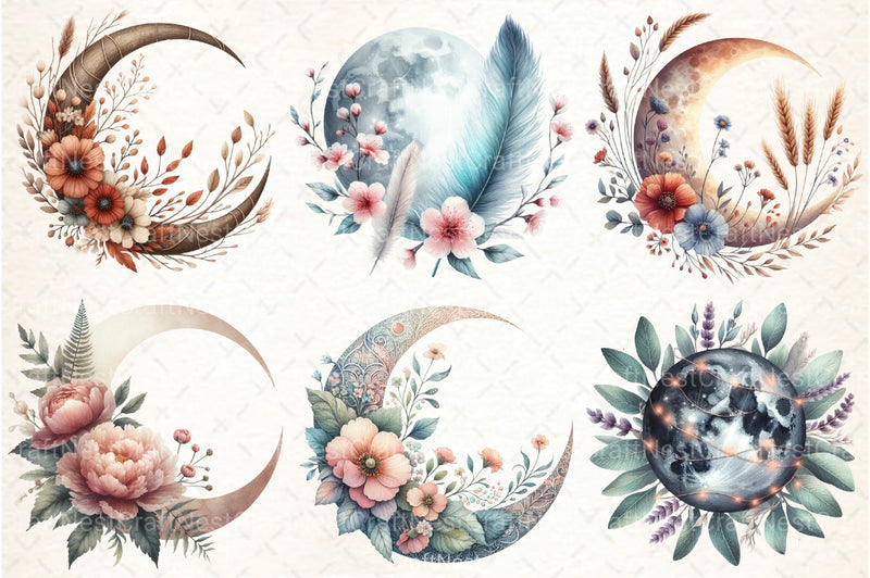 Boho Moon Floral Clipart Bundle - CraftNest - Digital Crafting and Art