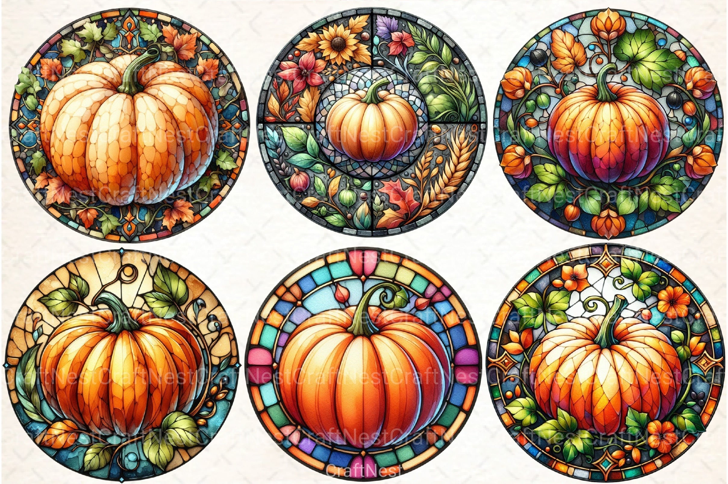Round Pumpkin Stained Glass Clipart Bundle - CraftNest - Digital Crafting and Art