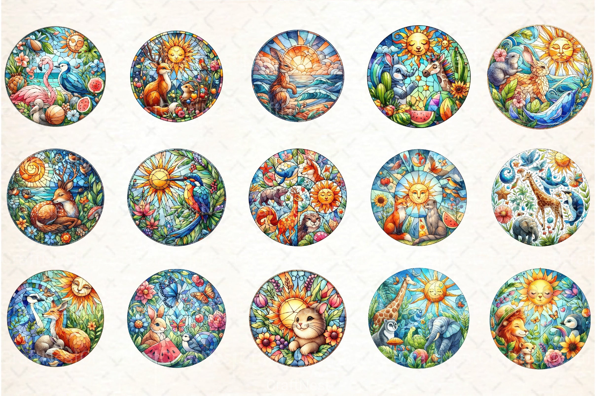 Round Stained Glass Animals Summer Clipart Bundle - CraftNest - Digital Crafting and Art