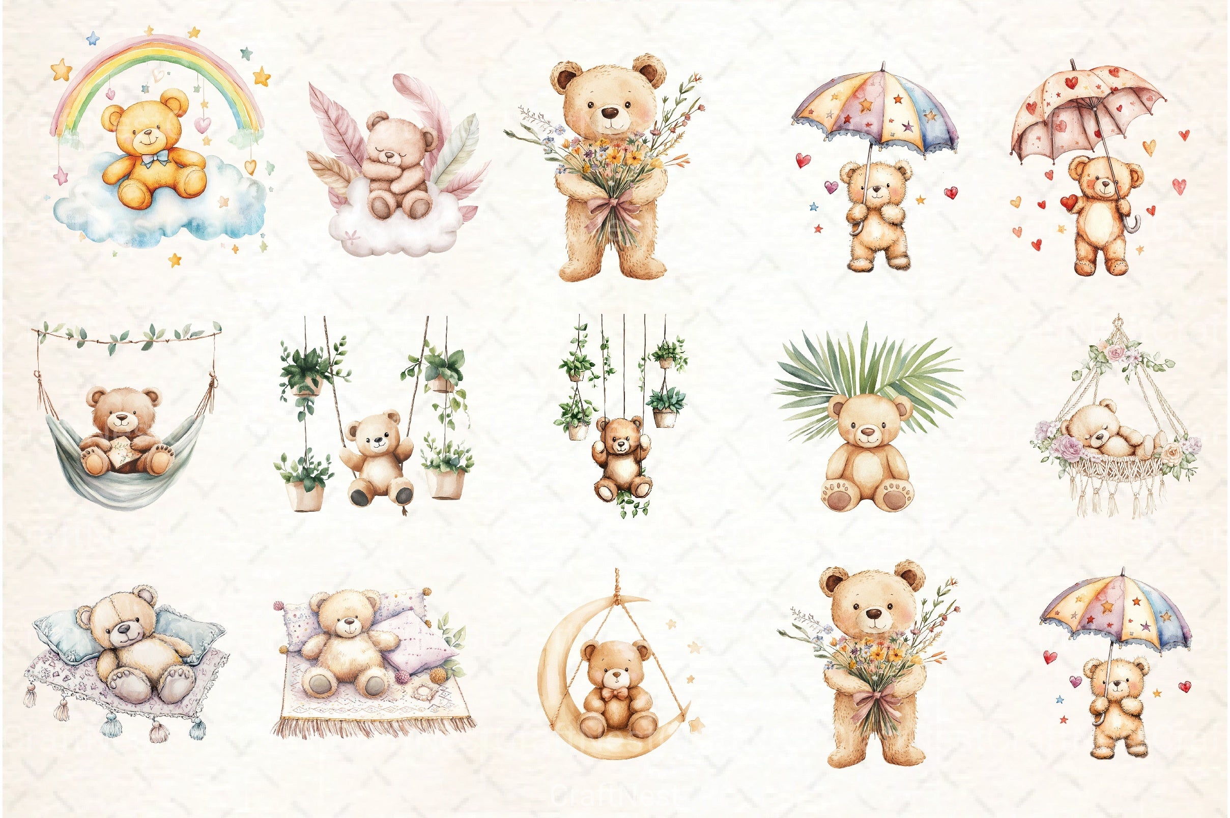 Nursery Teddy Bear Boho Clipart Bundle 4 - CraftNest - Digital Crafting and Art