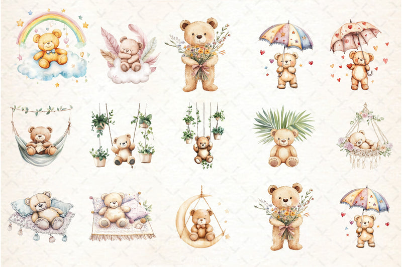 Nursery Teddy Bear Boho Clipart Bundle 4 - CraftNest - Digital Crafting and Art