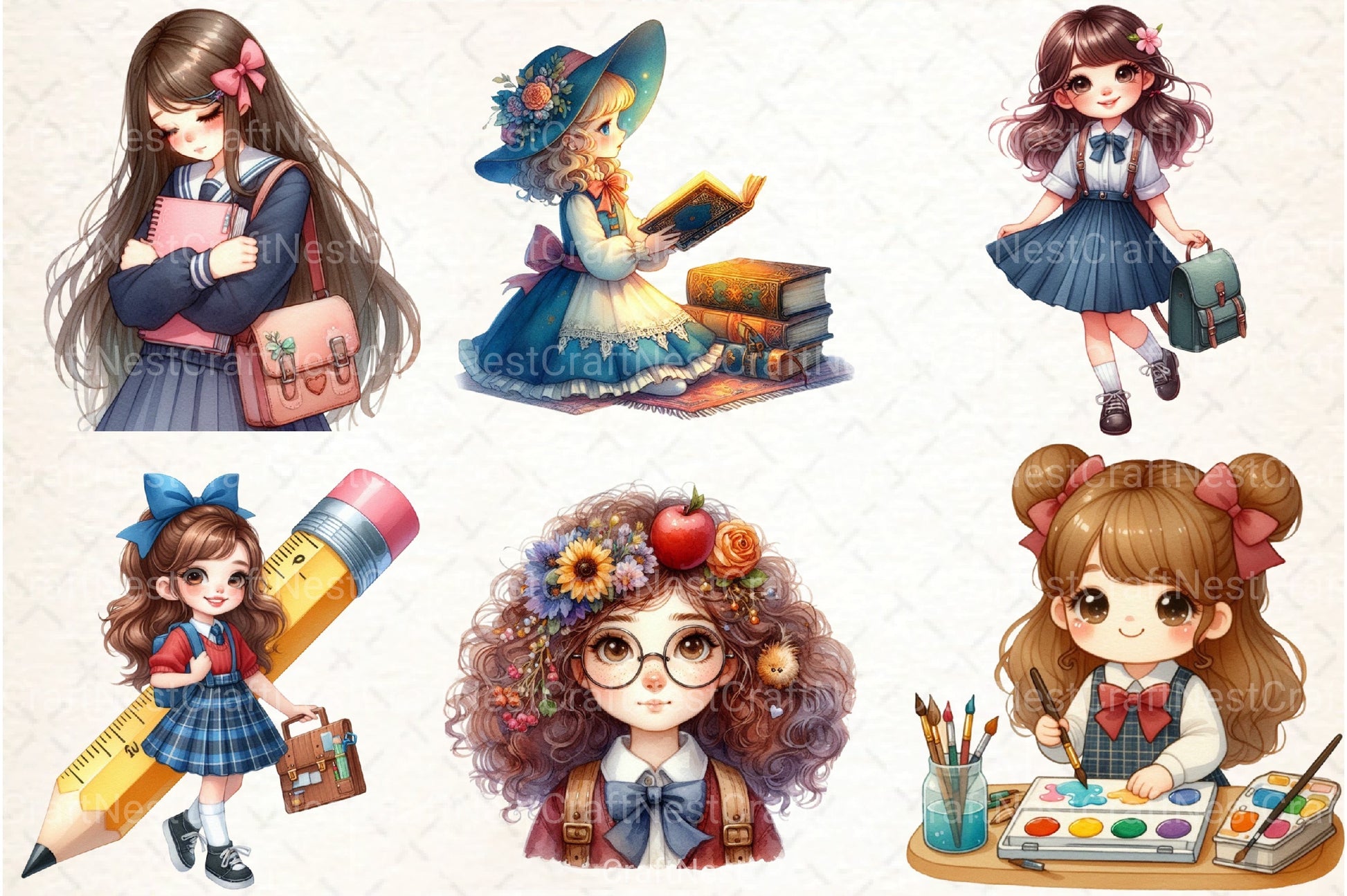 Whimsical School Girl Clipart Bundle - CraftNest - Digital Crafting and Art