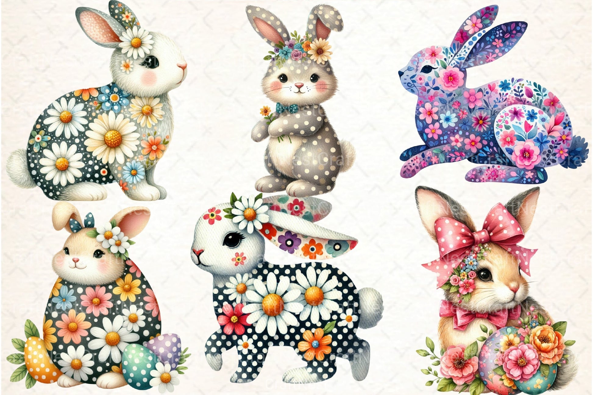 Retro Floral Easter Bunny Clipart Bundle - CraftNest - Digital Crafting and Art