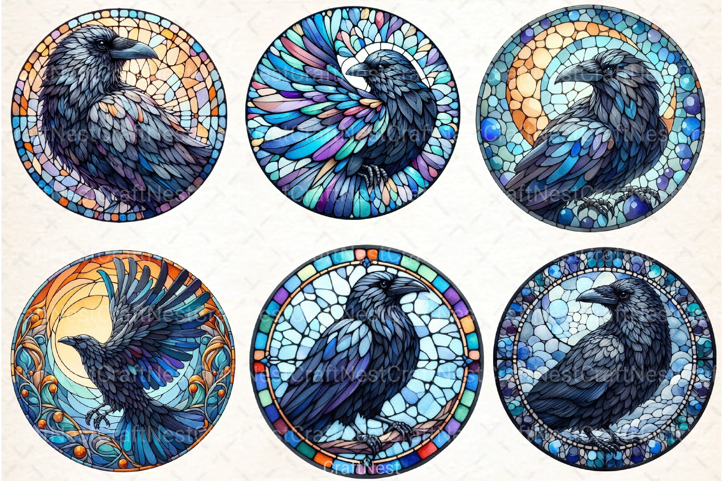 Round Raven Stained Glass Clipart Bundle - CraftNest - Digital Crafting and Art