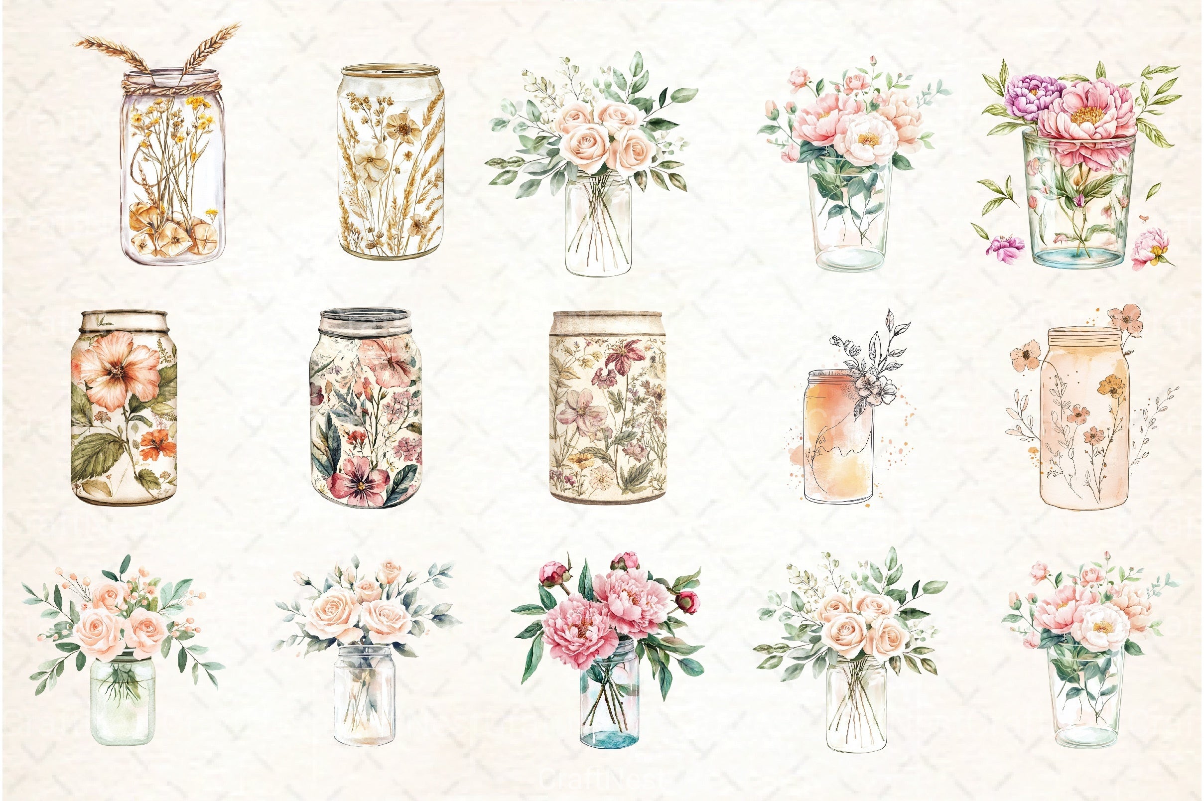 Floral Boho Can Glass Clipart Bundle - CraftNest - Digital Crafting and Art