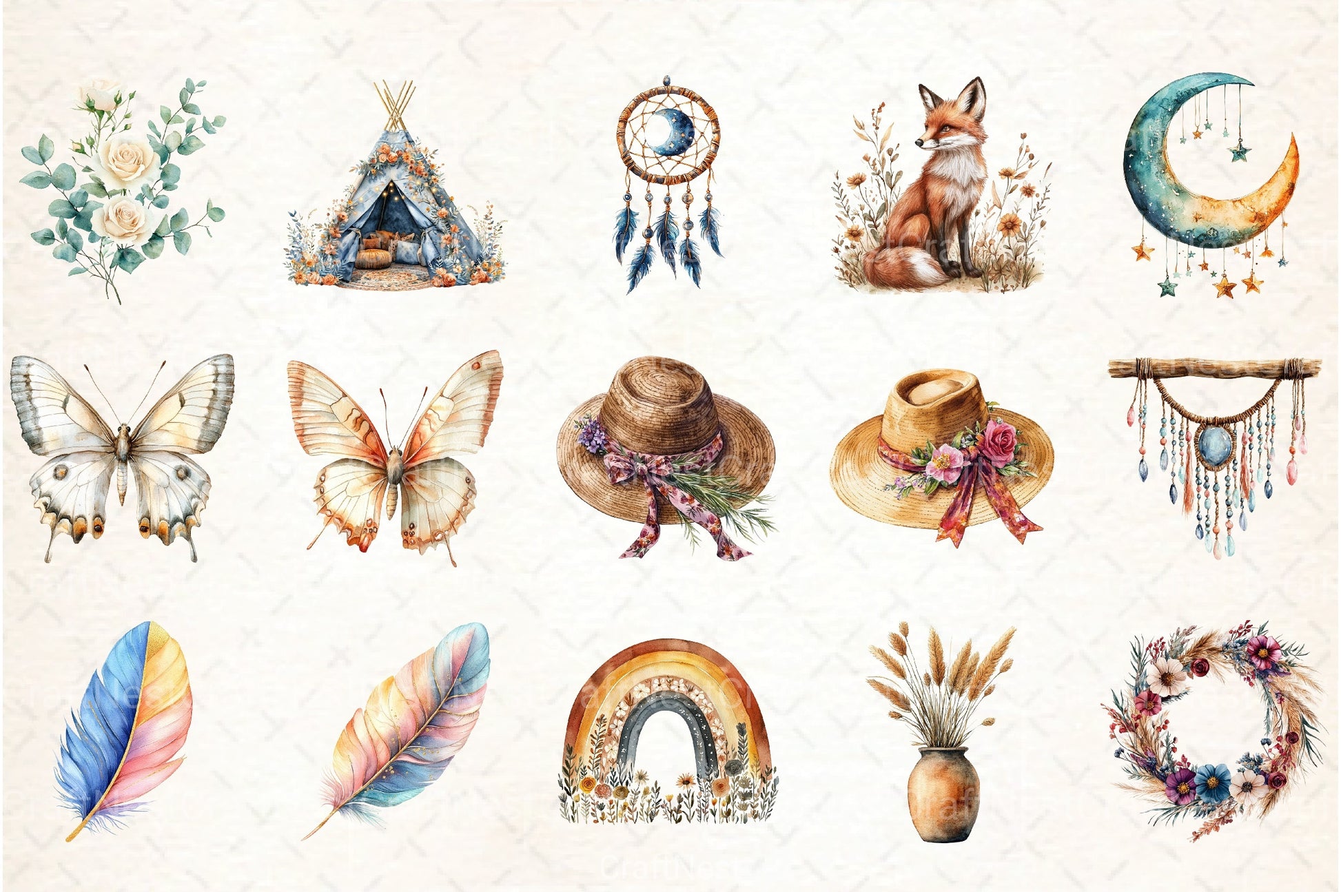 Watercolor Boho Clipart Bundle - CraftNest - Digital Crafting and Art