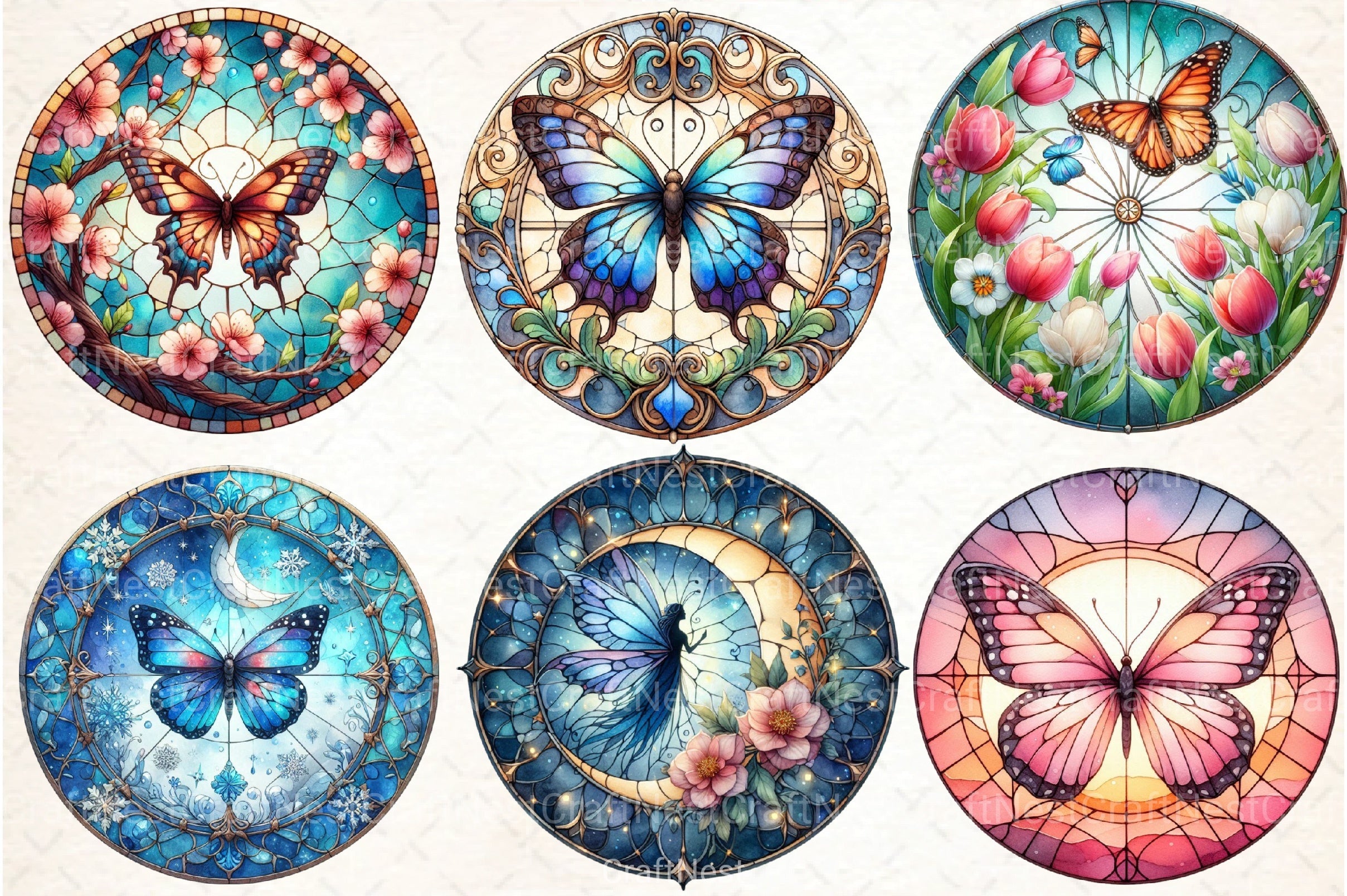 Round Butterfly Stained Glass Clipart Bundle - CraftNest - Digital Crafting and Art