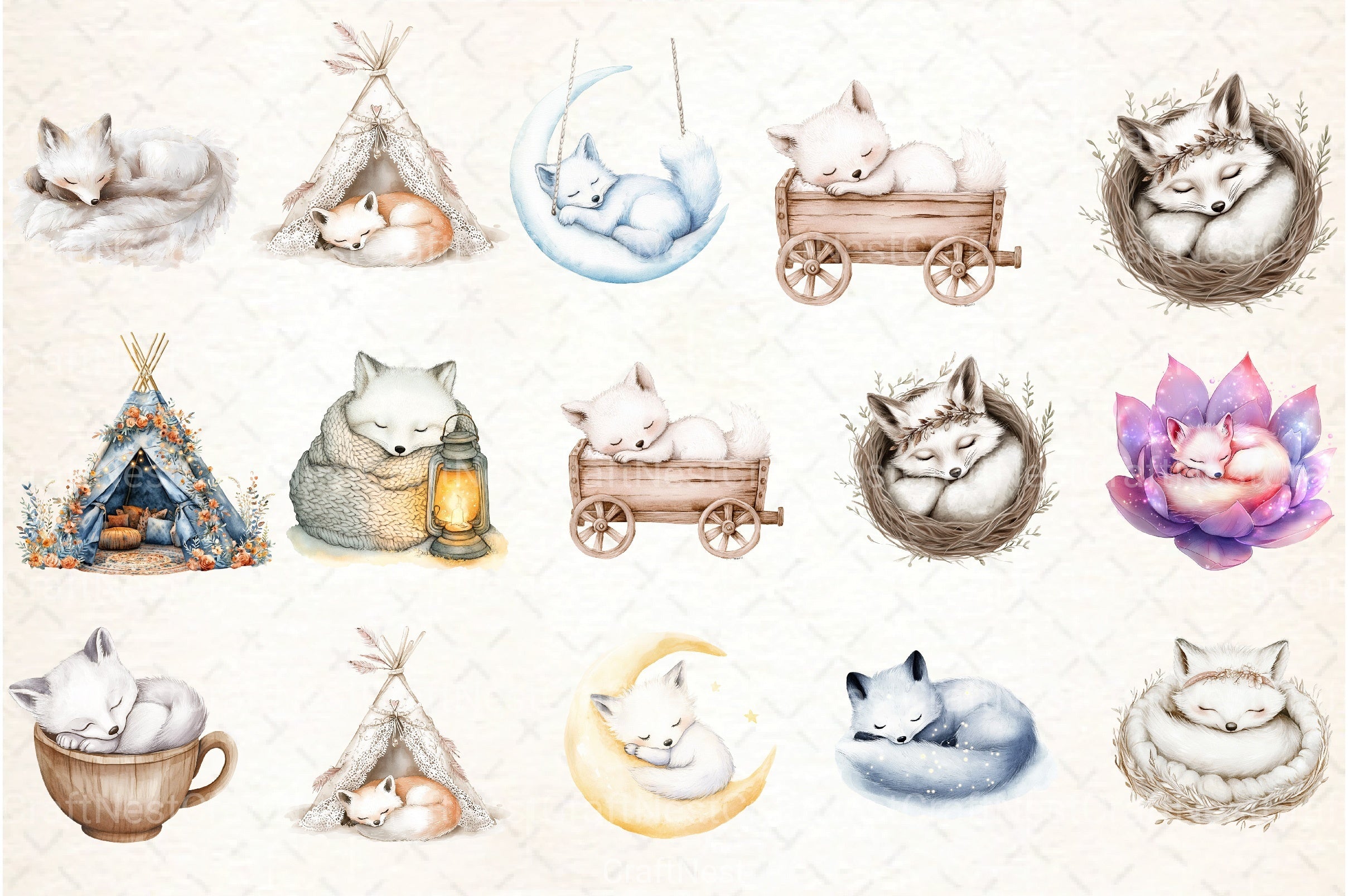 Cute Dreaming Arctic Fox Boho Clipart Bundle - CraftNest - Digital Crafting and Art
