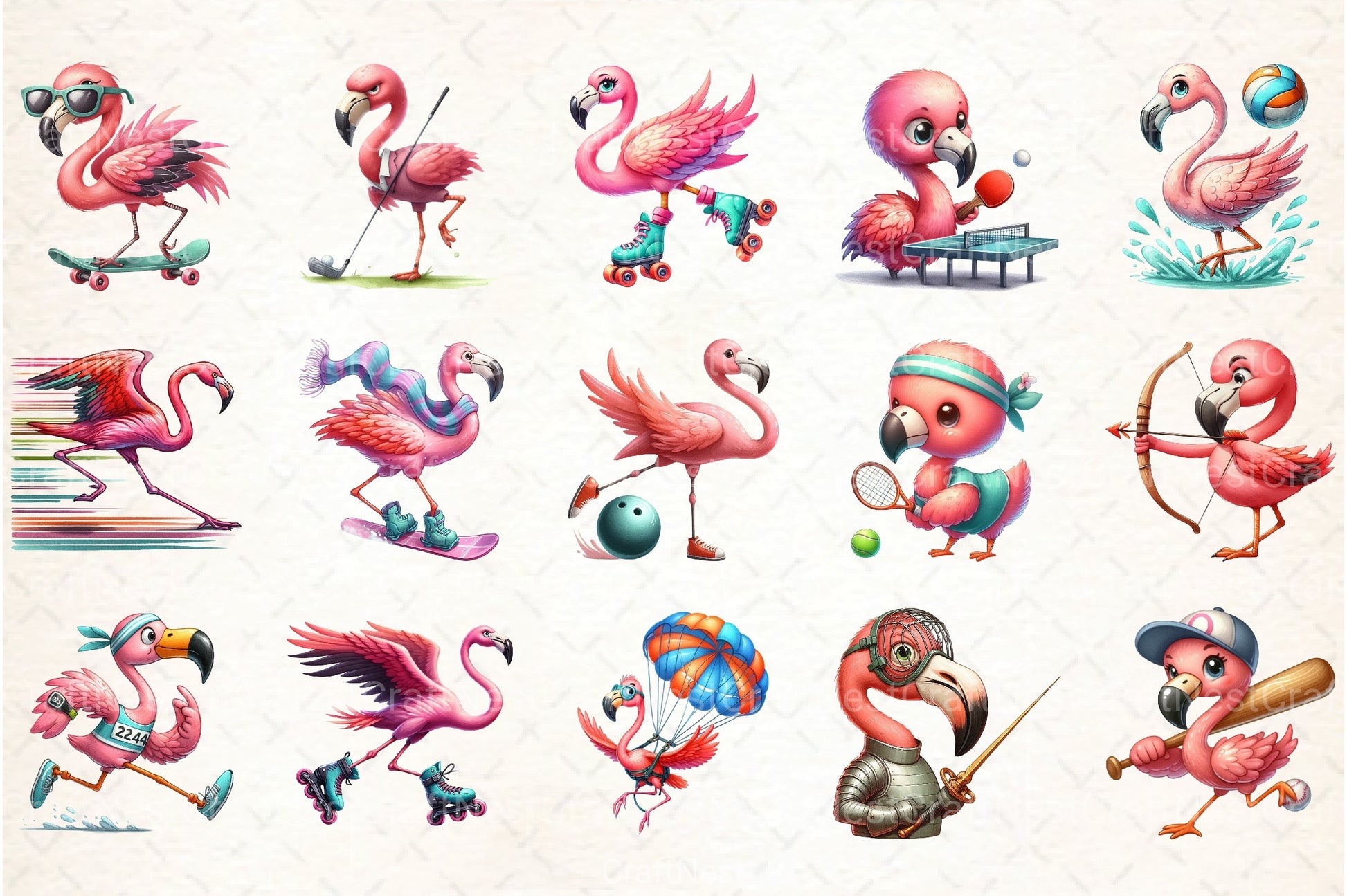 Cute Cartoon Sporty Flamingos Clipart Bundle 2 - CraftNest - Digital Crafting and Art