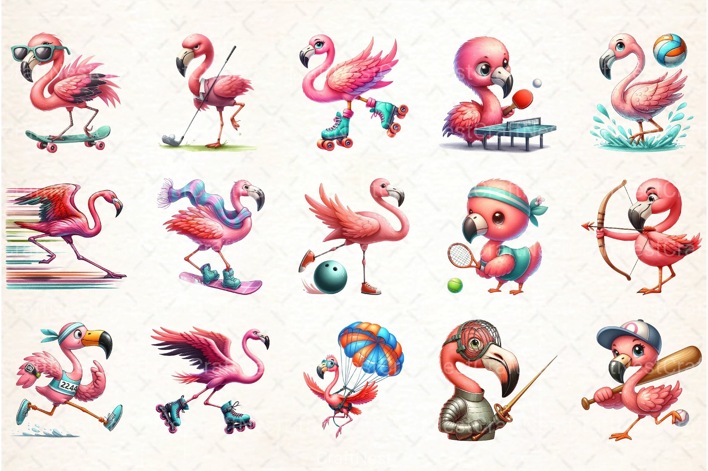 Cute Cartoon Sporty Flamingos Clipart Bundle 2 - CraftNest - Digital Crafting and Art