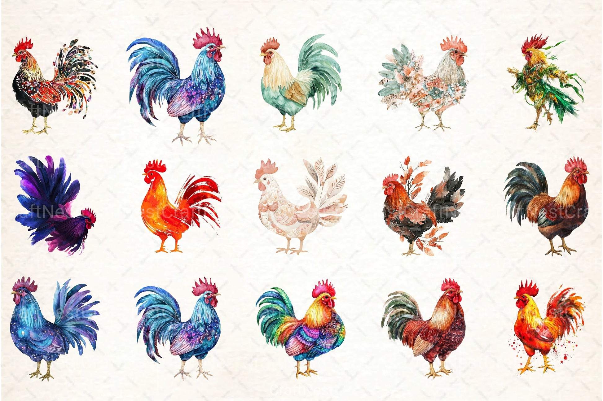 Boho Rooster Clipart Bundle: Colorful Feathers Collection - CraftNest - Digital Crafting and Art