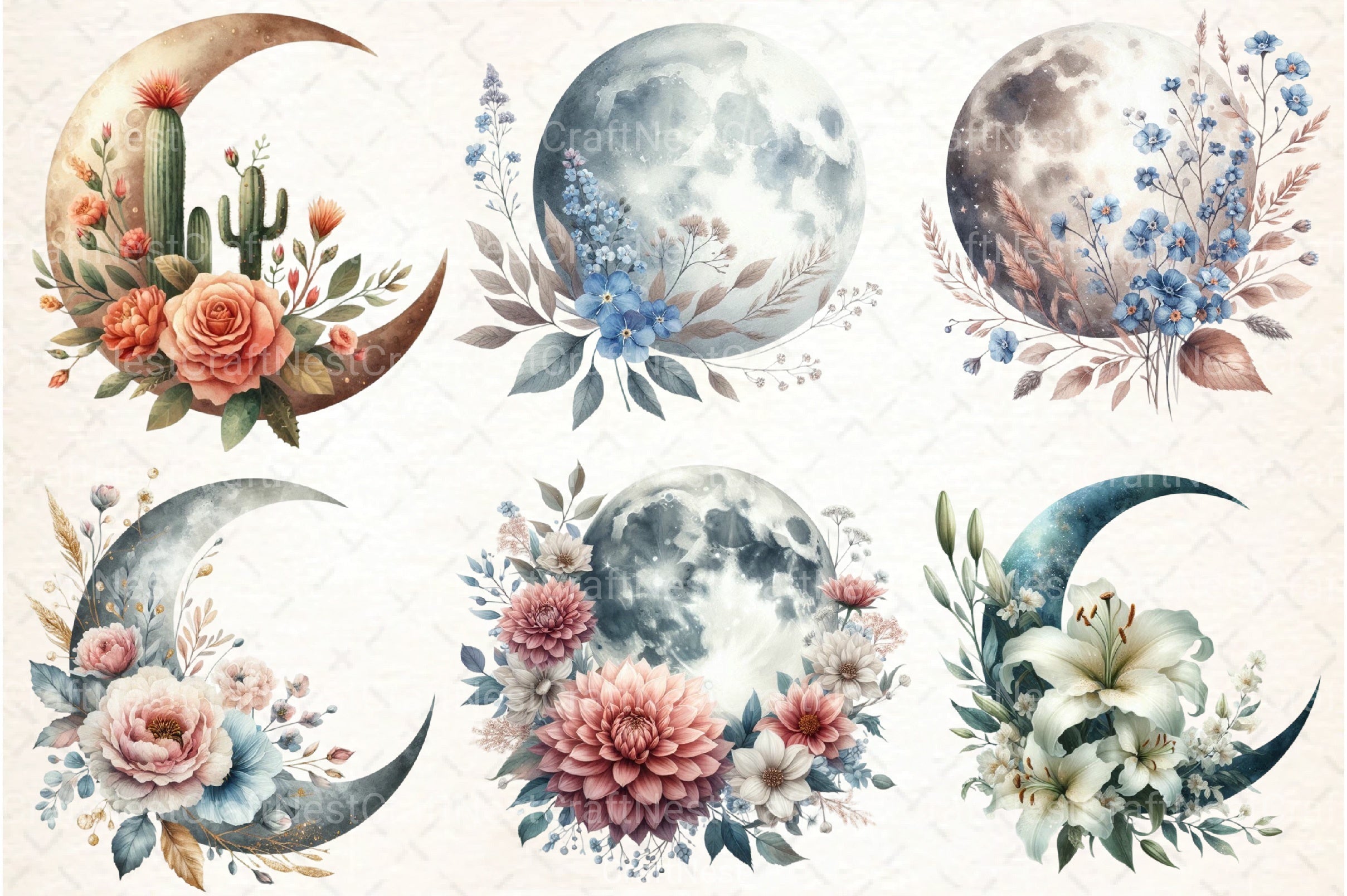 Boho Moon Floral Clipart Bundle - CraftNest - Digital Crafting and Art