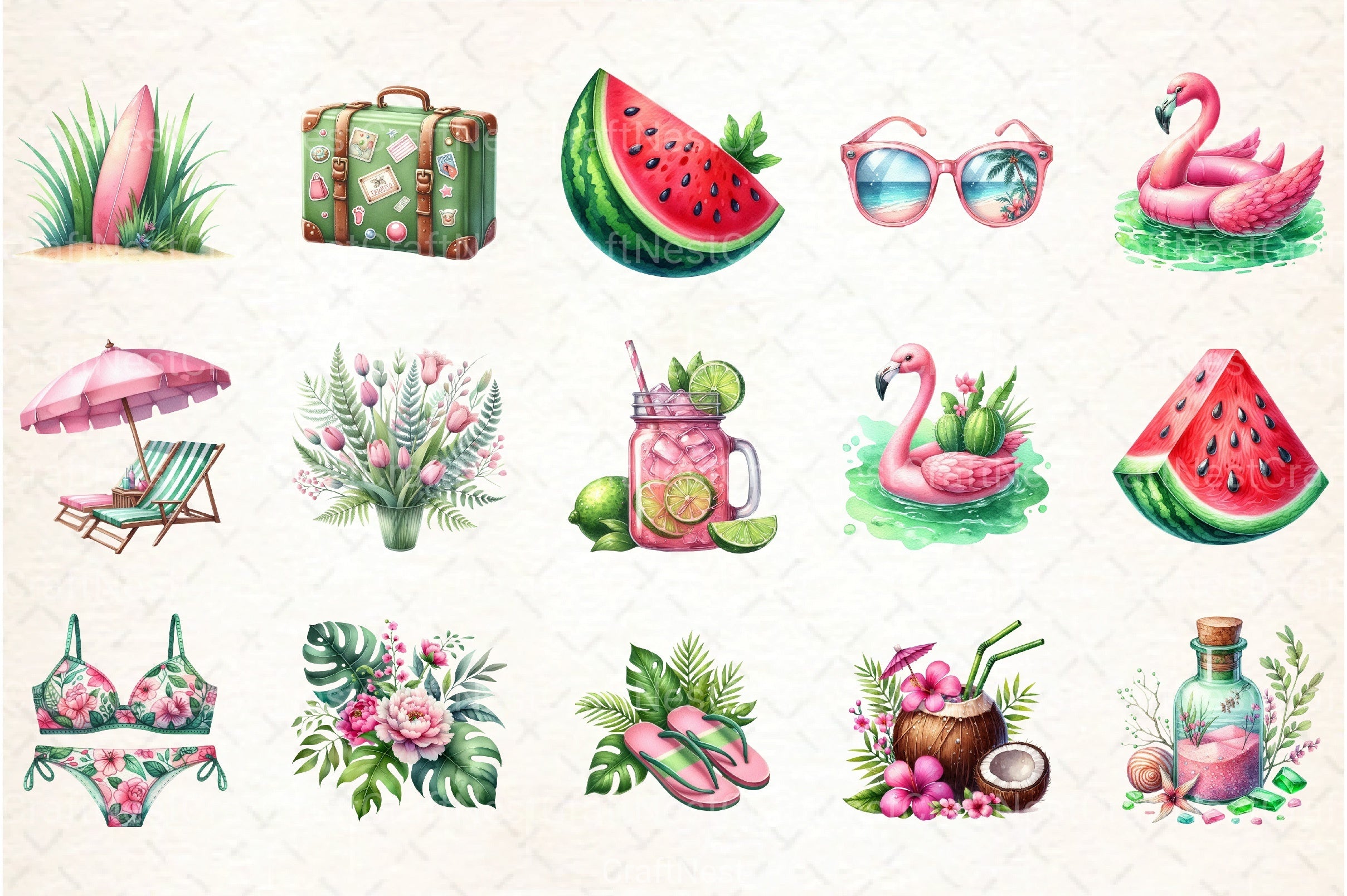 Pink and Green Summer Clipart Bundle 78 - CraftNest - Digital Crafting and Art