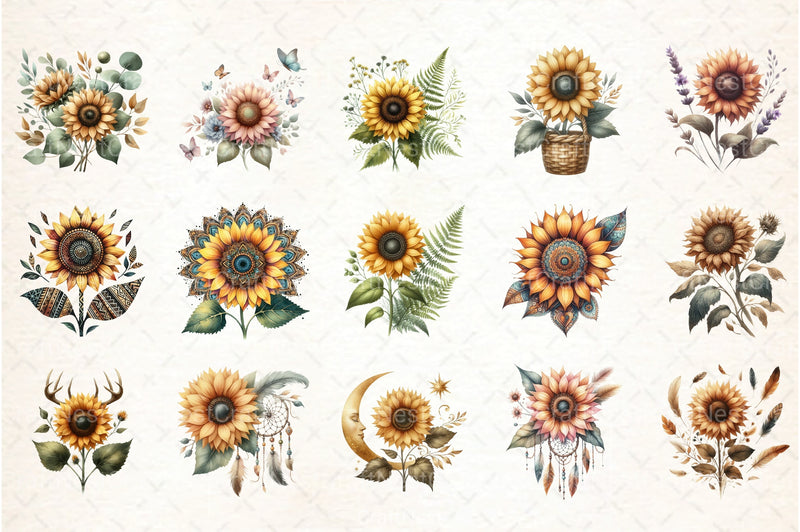 Sunflower Boho Clipart Bundle - CraftNest - Digital Crafting and Art