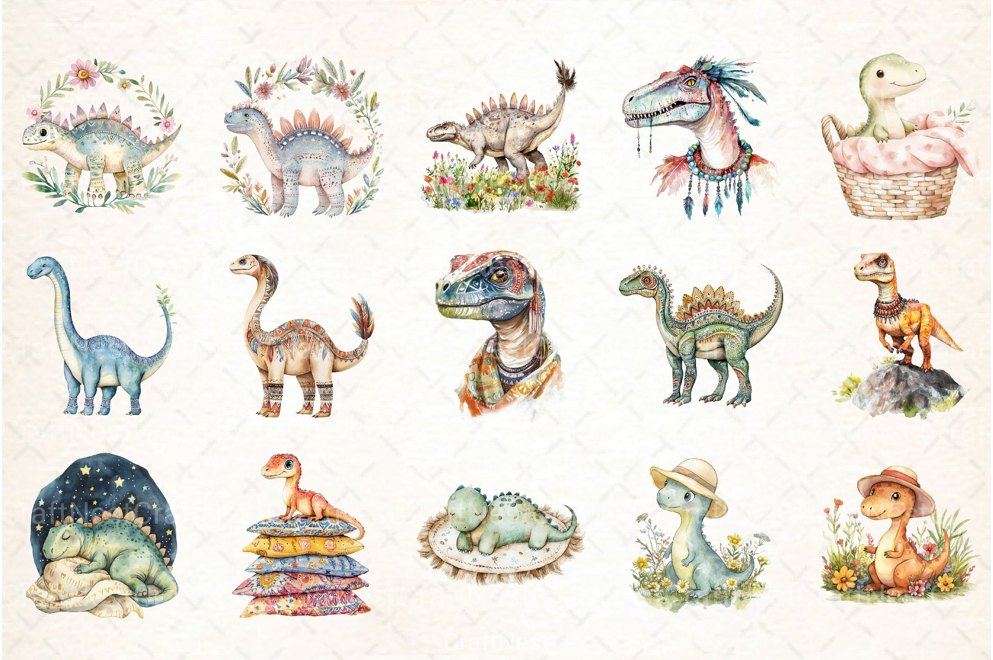 Dinosaurs Boho Clipart Bundle - CraftNest - Digital Crafting and Art