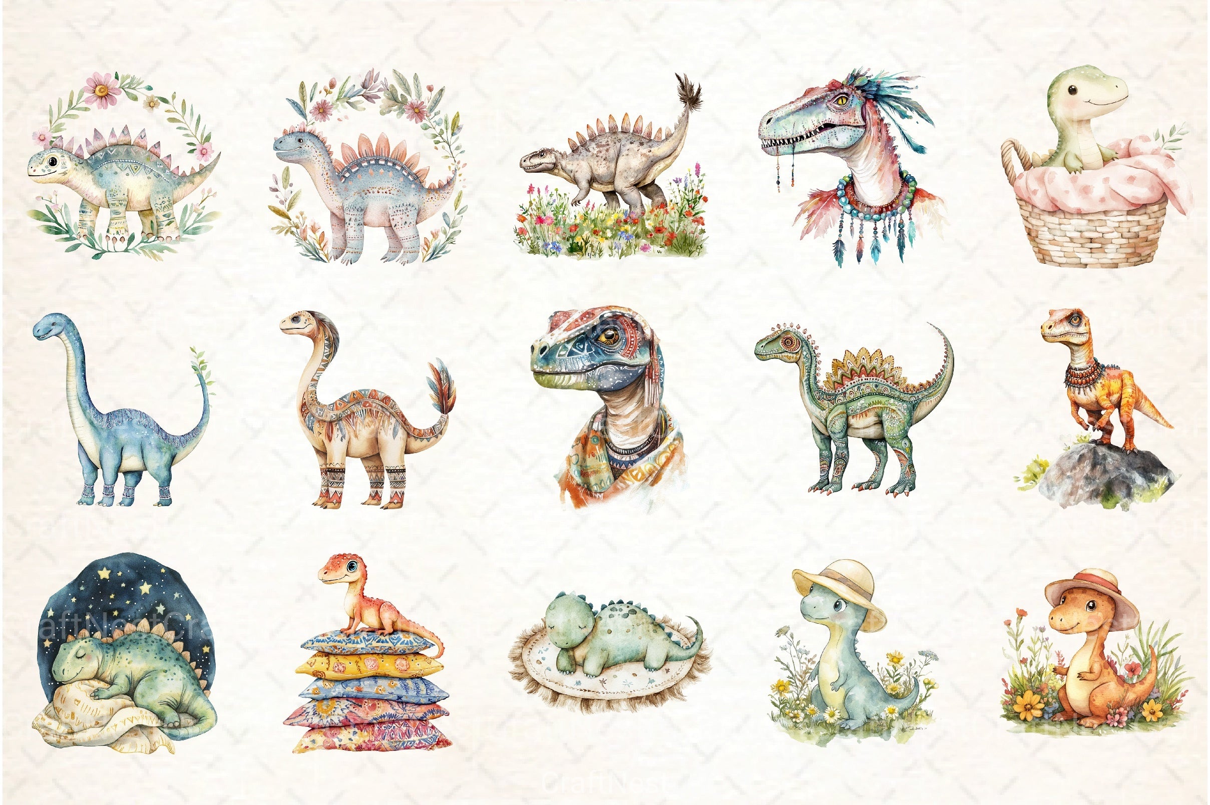 Dinosaurs Boho Clipart Bundle - CraftNest - Digital Crafting and Art
