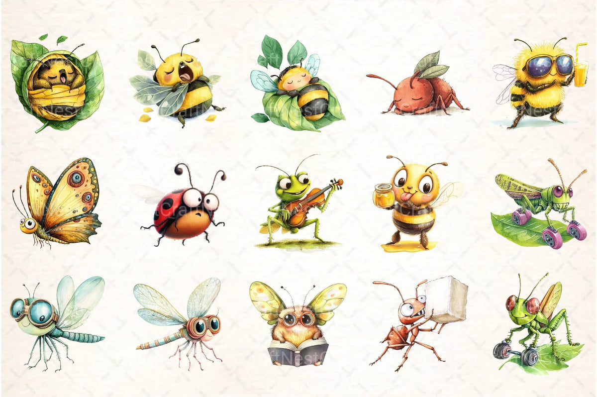Cartoon Insect Print Cute Funny Cartoon Insects Clipart Bundle