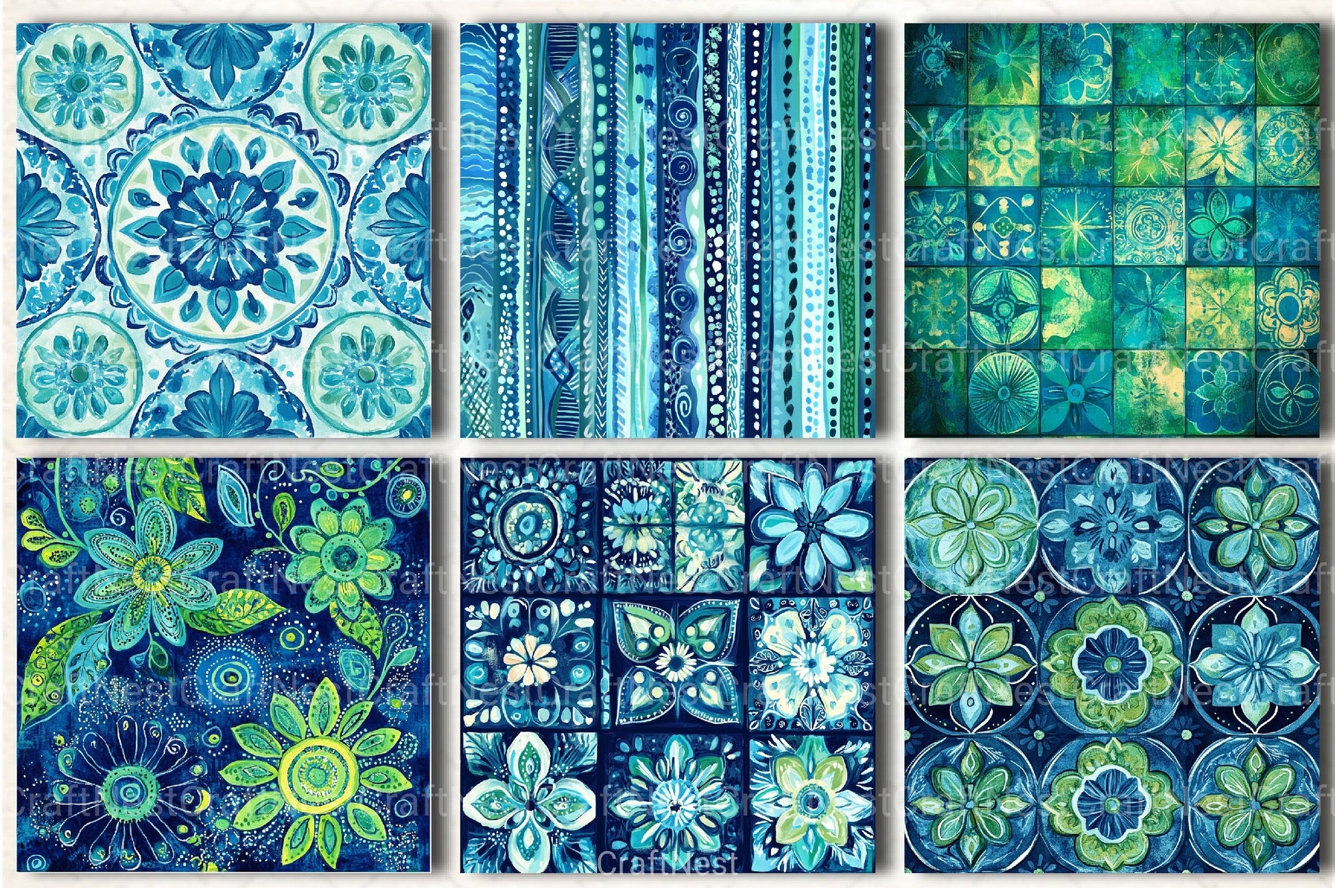 Boho Blue Green Patterns Clipart Bundle - CraftNest - Digital Crafting and Art