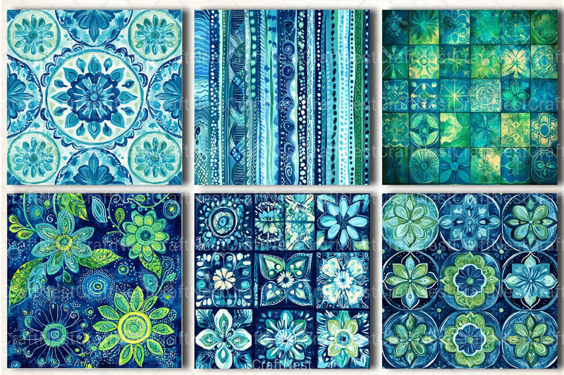 Boho Blue Green Patterns Clipart Bundle - CraftNest - Digital Crafting and Art