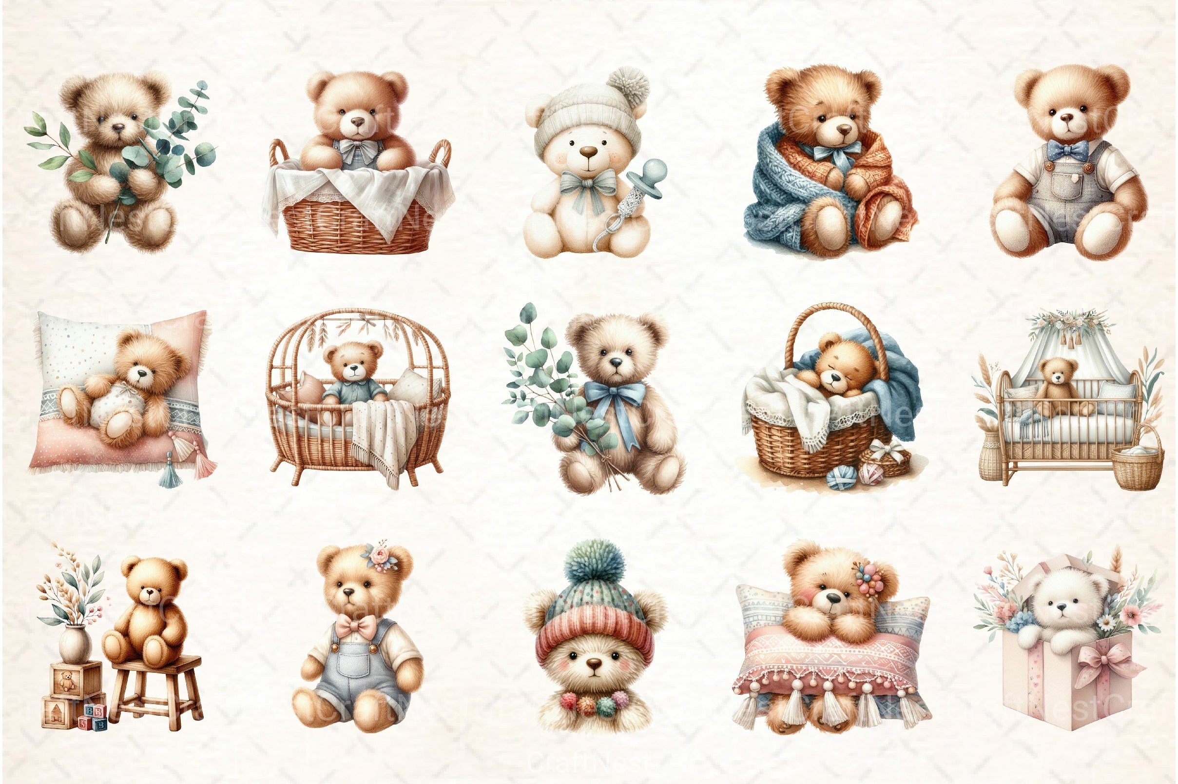 Nursery Teddy Bear Boho Clipart Bundle - CraftNest - Digital Crafting and Art