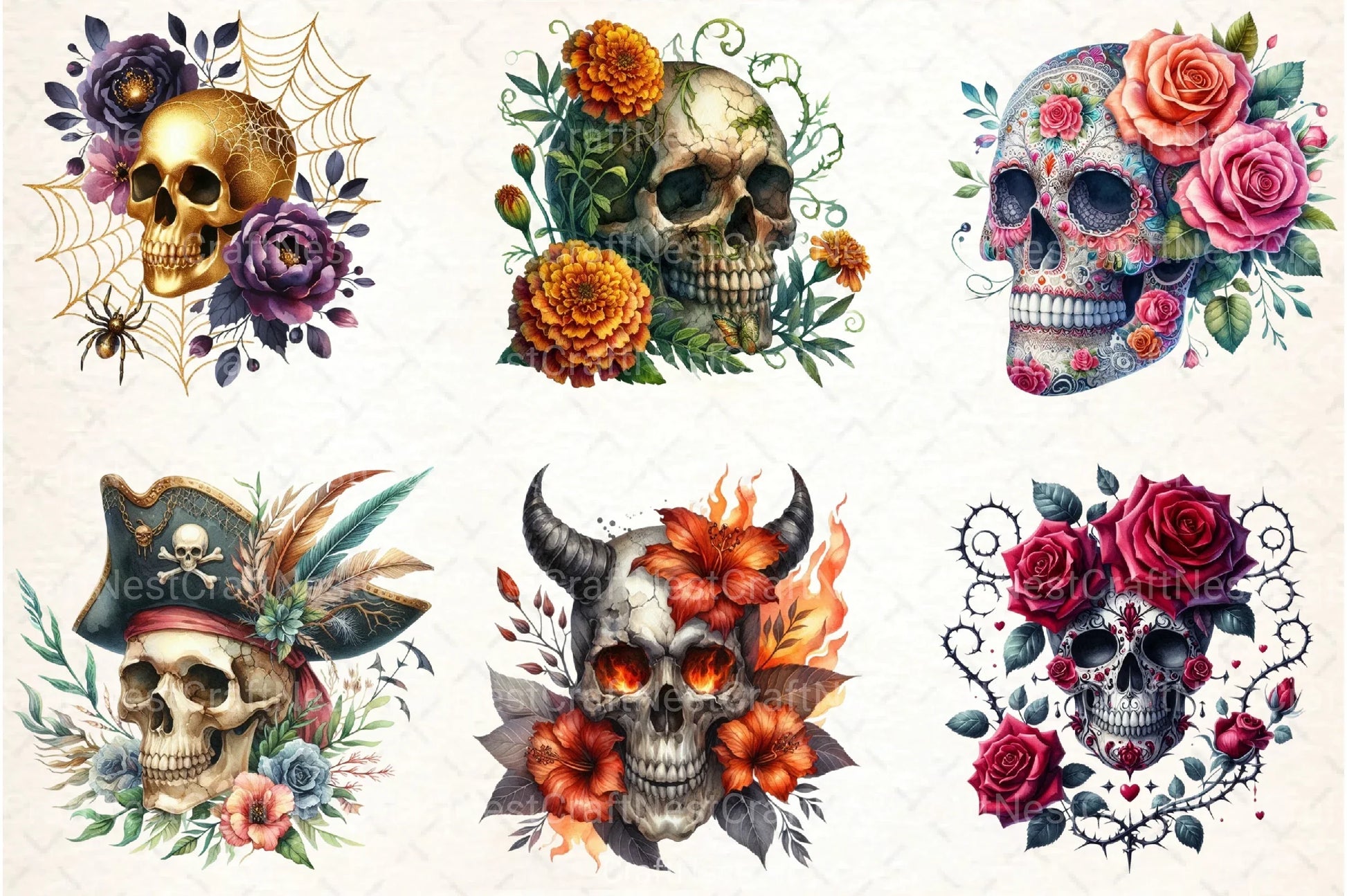 Halloween Skulls Florals Clipart Bundle - CraftNest - Digital Crafting and Art
