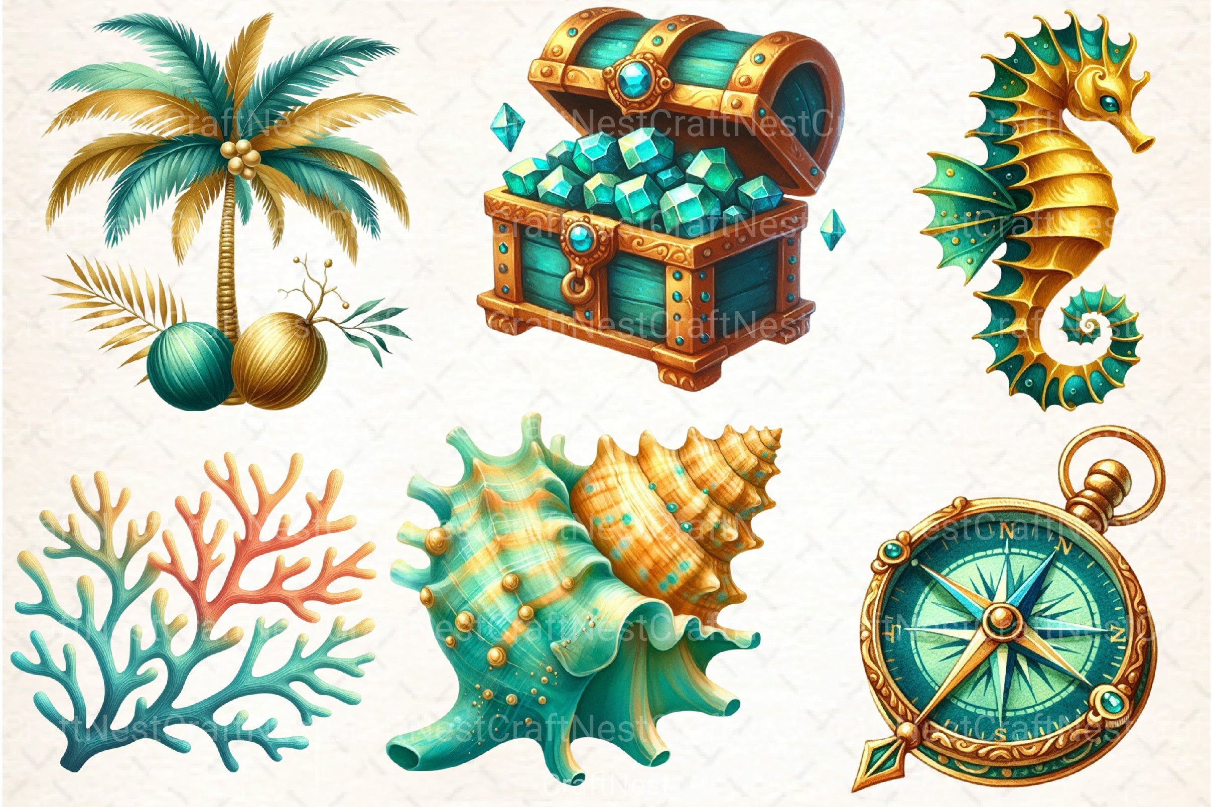 Gold & Teal Nautical Clipart Bundle - CraftNest - Digital Crafting and Art