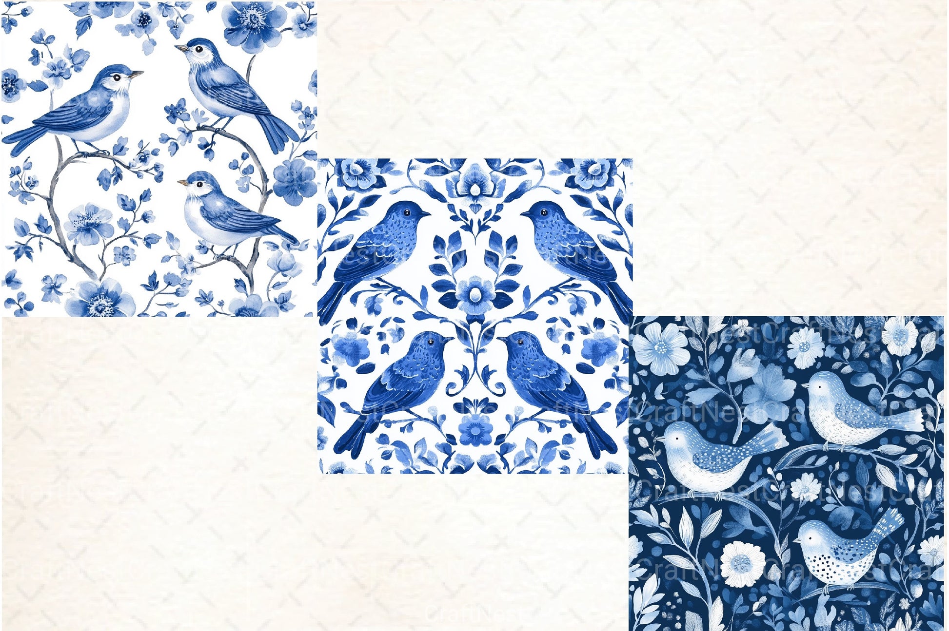 Blue Birds & Flowers Chinoiserie Pattern Clipart Bundle - CraftNest - Digital Crafting and Art