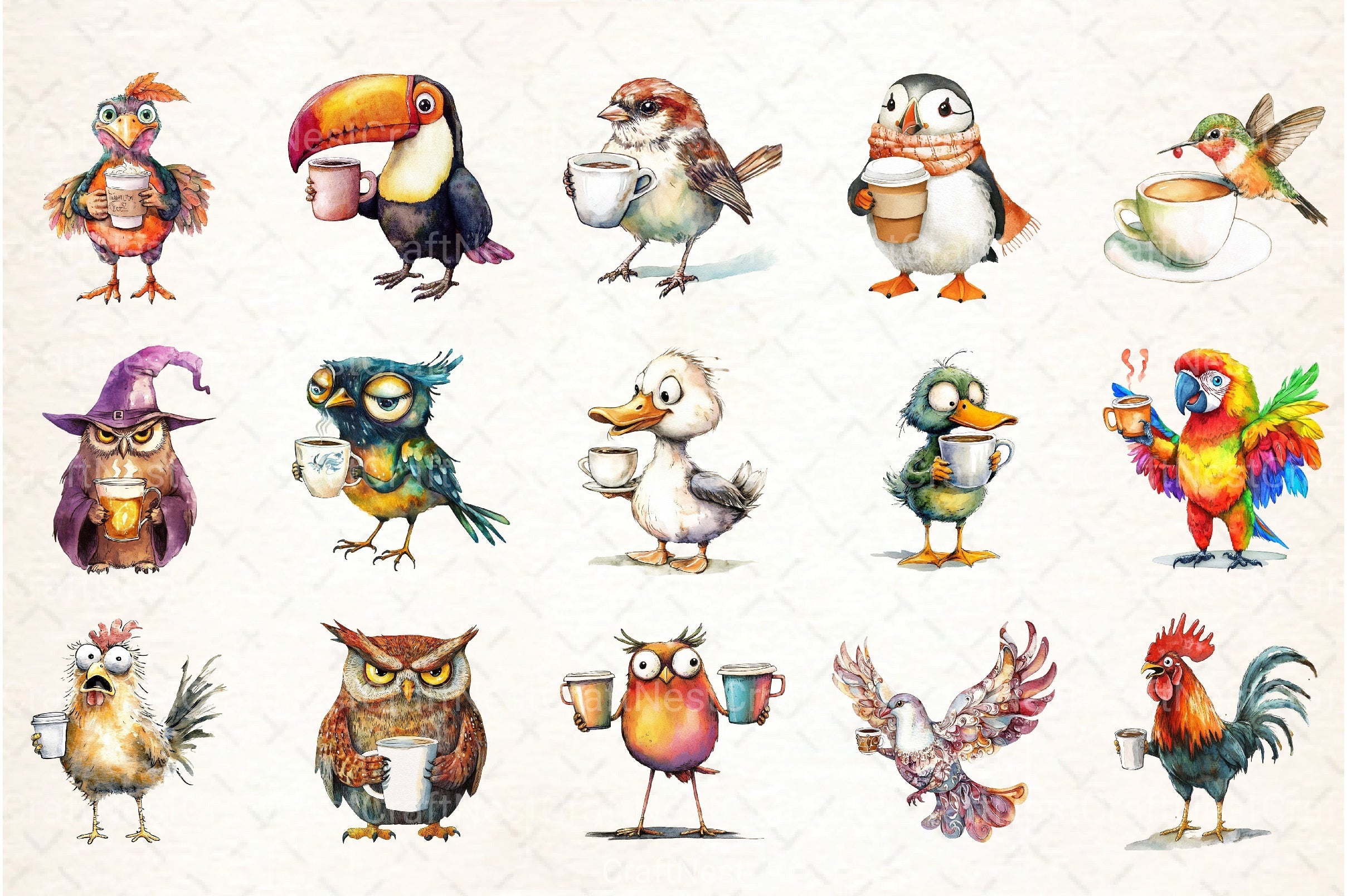 Funny Cartoon Caffeinated Bird Clipart Bundle - CraftNest - Digital Crafting and Art