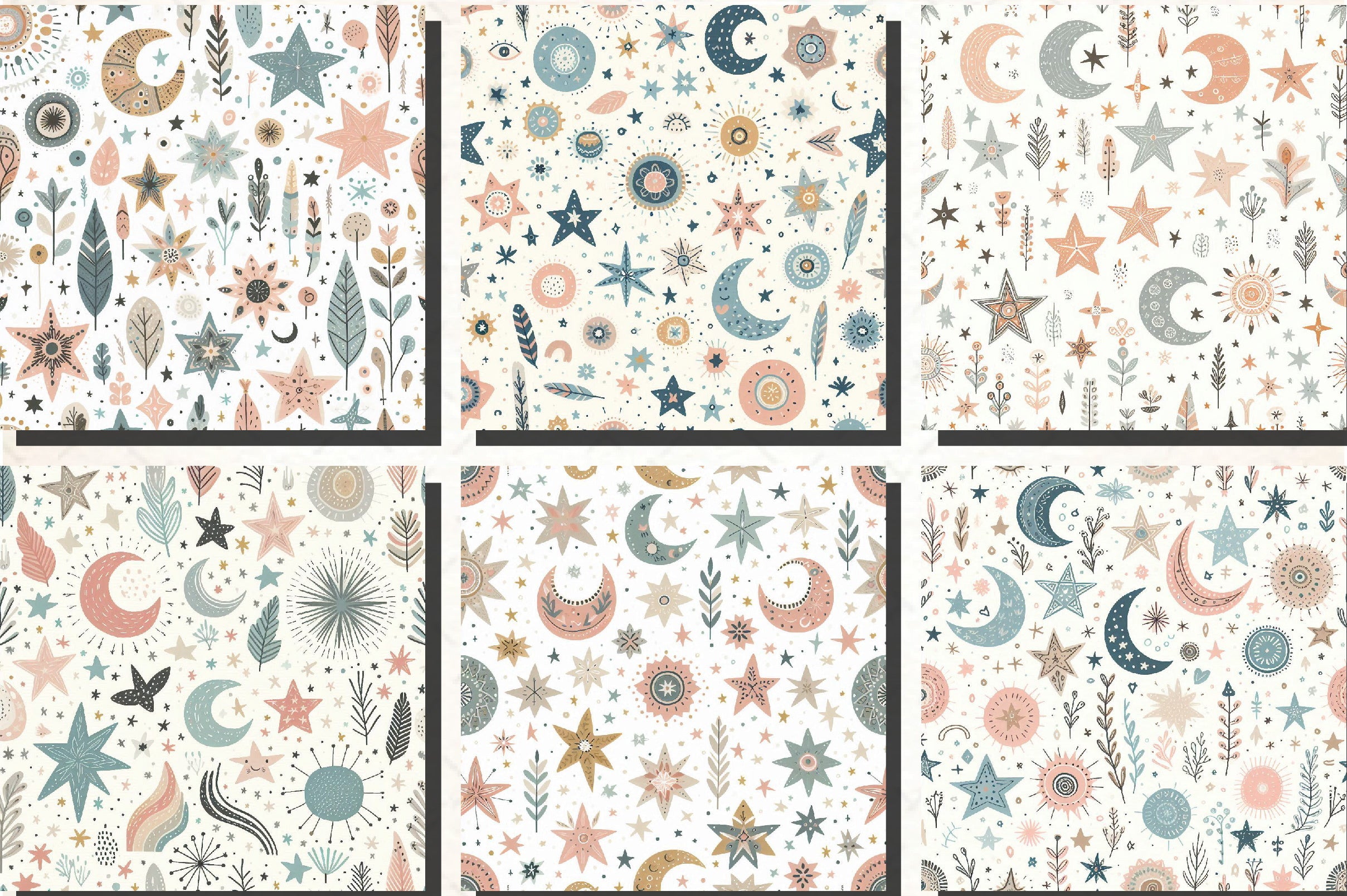 Whimsical Pastel Stars and Moons Pattern Clipart Bundle