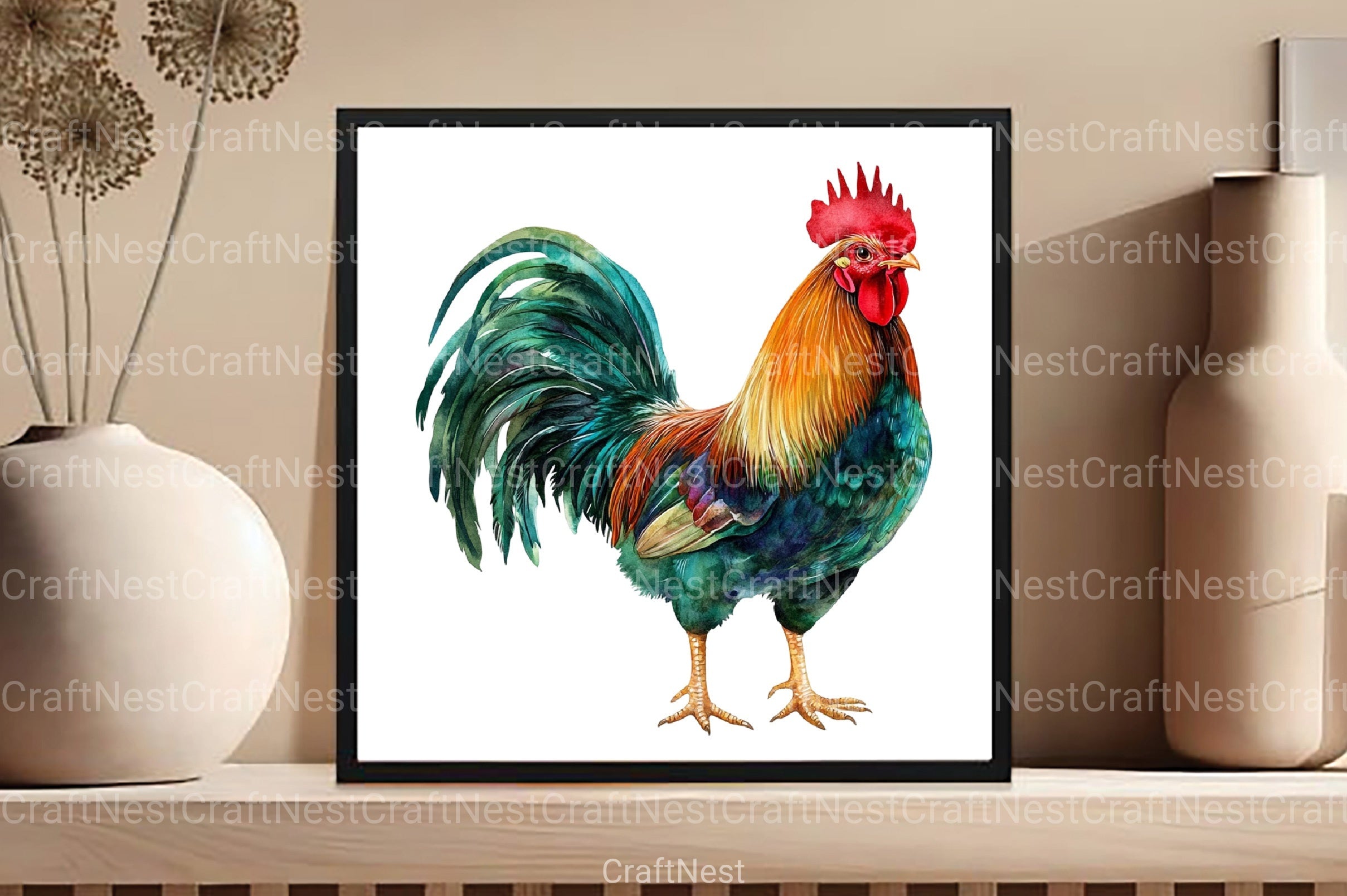 Boho Rooster Clipart Bundle: Colorful Feathers Collection - CraftNest - Digital Crafting and Art