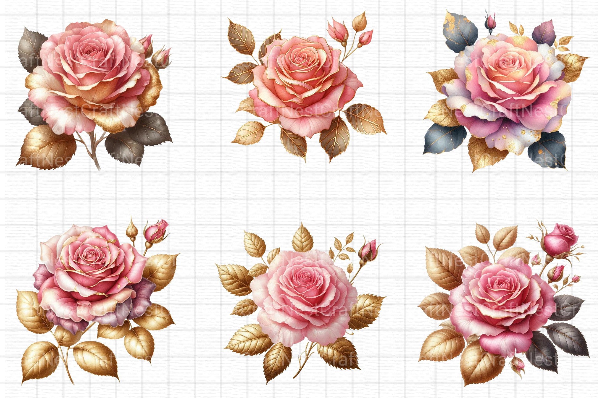 Pink and Gold Rose Clipart - CraftNest - Digital Crafting and Art