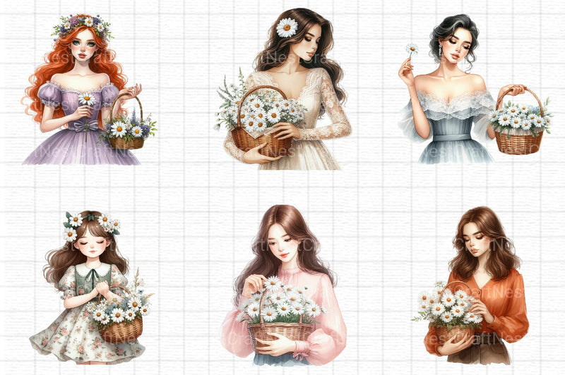 Woman With Daisy Flower Basket Clipart - CraftNest - Digital Crafting and Art
