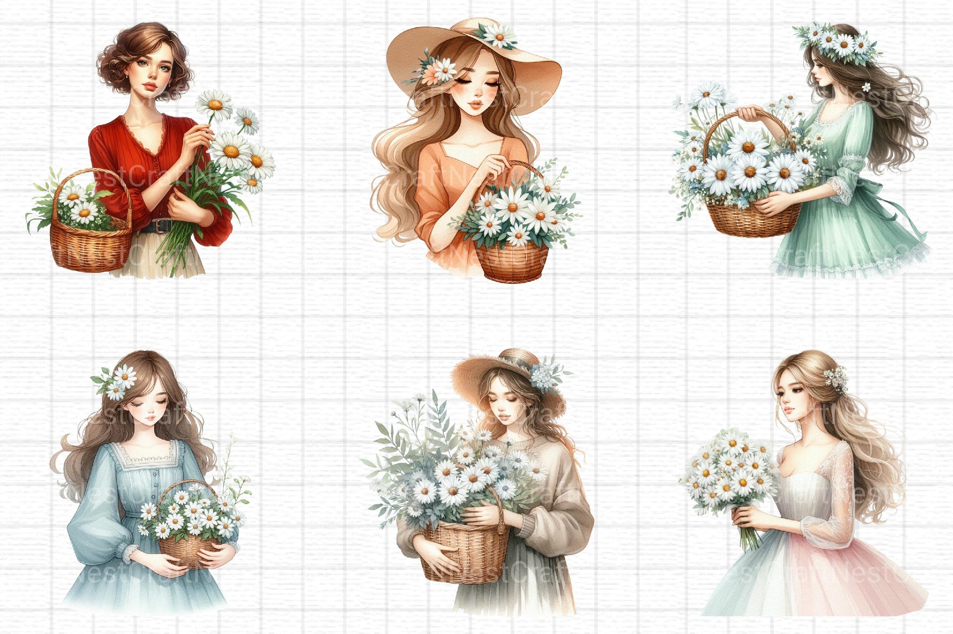 Woman With Daisy Flower Basket Clipart - CraftNest - Digital Crafting and Art