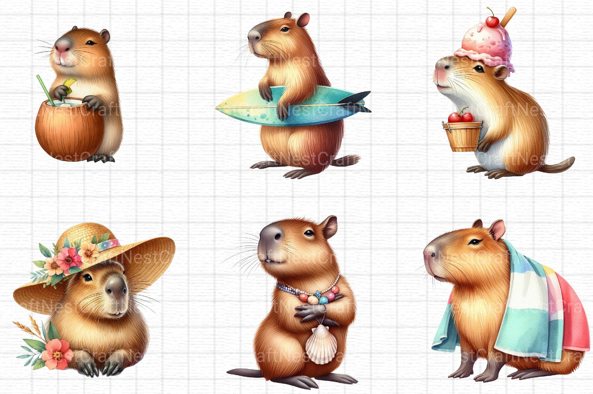 Summer Capybara Clipart - CraftNest - Digital Crafting and Art