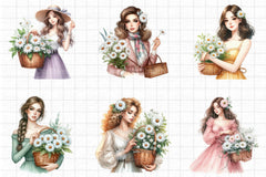 Woman With Daisy Flower Basket Clipart - CraftNest - Digital Crafting and Art