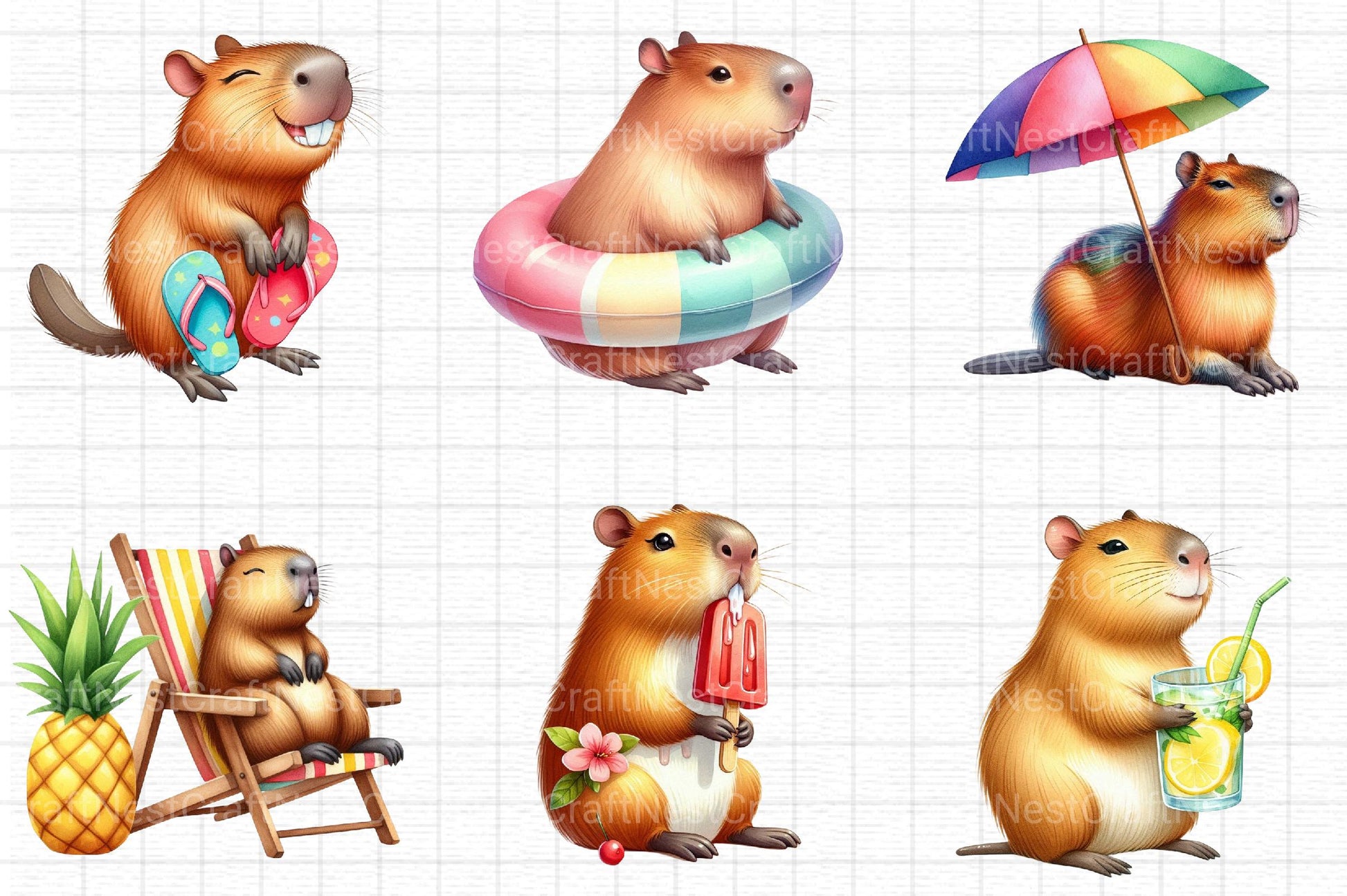 Summer Capybara Clipart - CraftNest - Digital Crafting and Art