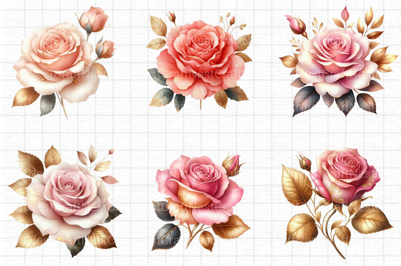 Pink and Gold Rose Clipart - CraftNest - Digital Crafting and Art
