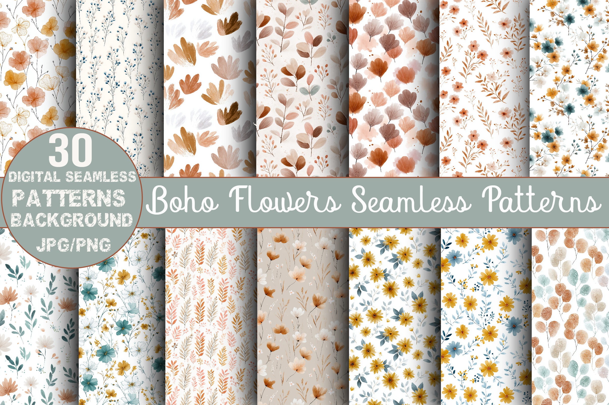 Minimal Boho Floral Seamless Patterns Digital Paper