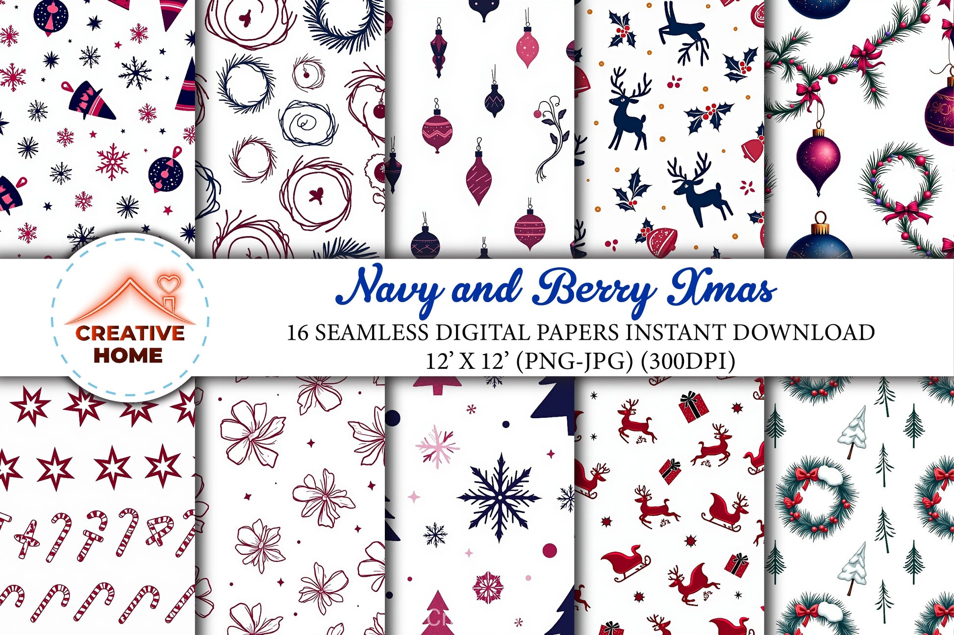 Navy & Berry Xmas Pattern Clipart Bundle - CraftNest - Digital Crafting and Art