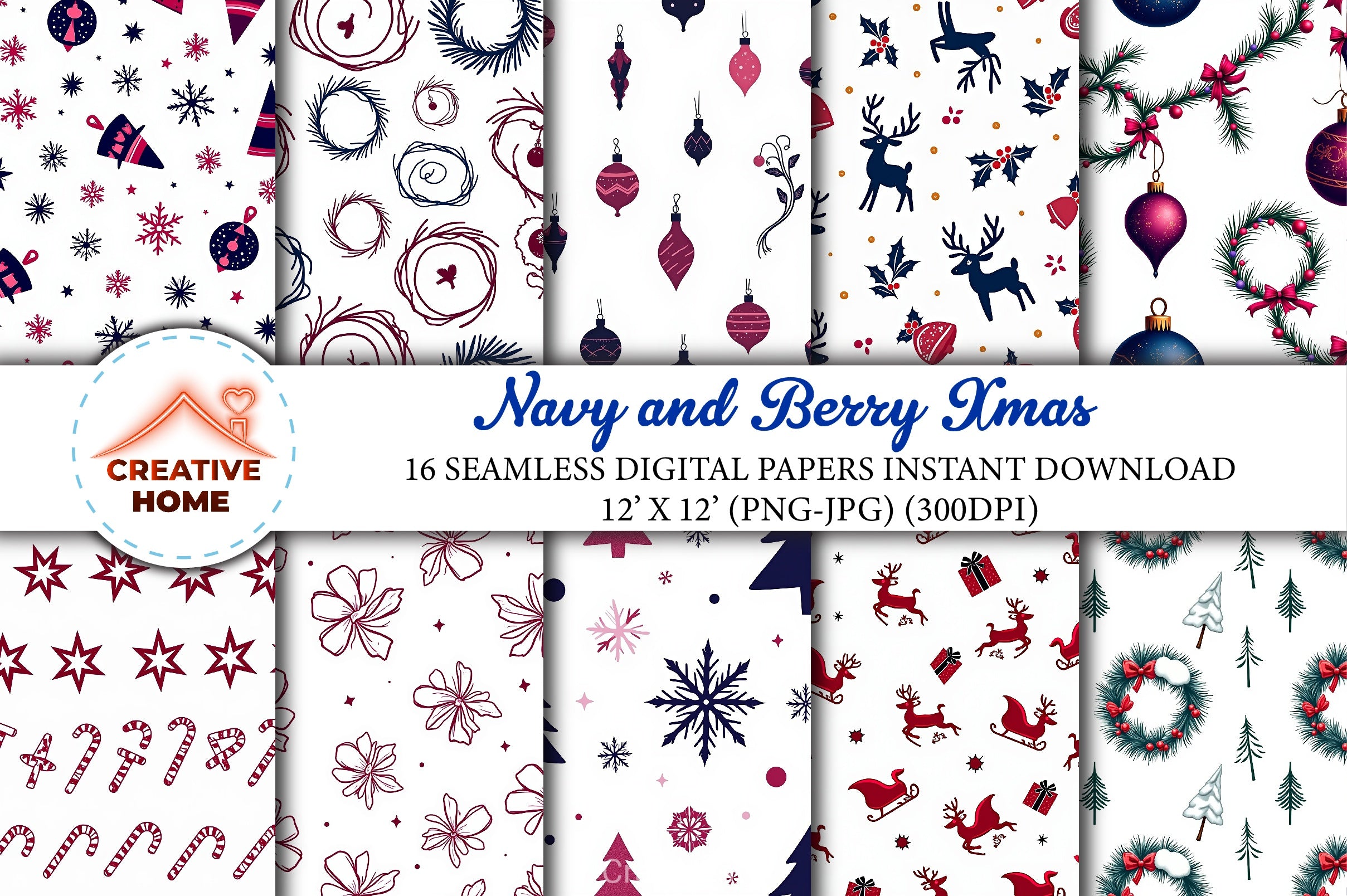 Navy & Berry Xmas Pattern Clipart Bundle - CraftNest - Digital Crafting and Art