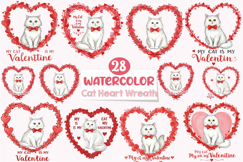 Valentine Cat Heart Wreath Clipart Bundle - CraftNest - Digital Crafting and Art