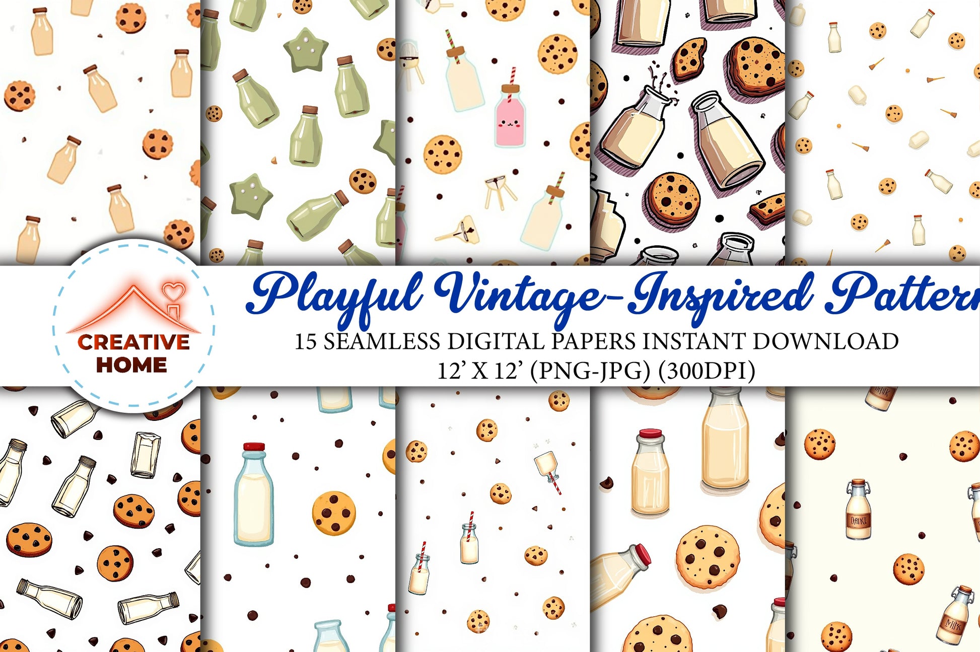 Milk & Cookies Vintage Pattern Clipart Bundle - CraftNest - Digital Crafting and Art